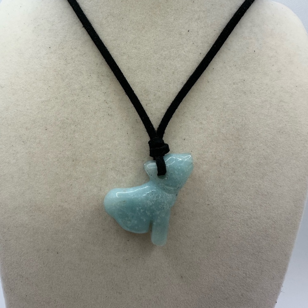 Unique Wolf Shaped Caribbean Calcite Pendant Necklace in Black Faux Suede - Picture 2 of 9